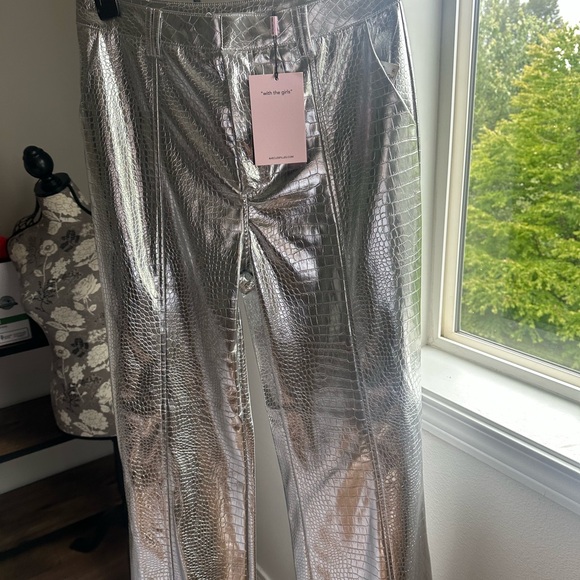 Avec Les Filles croc embellished Silver Metallic Wide Leg Pants - Picture 3 of 5